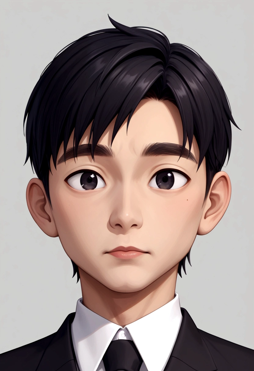 (Highest quality, masterpiece, anime), 1 male, Age 30, Black eyes, Asian, chiseled face, tall, dark hair, short hair, crisp eyebrows, large eyes, black suit, 4K, Highest quality, View your viewers.