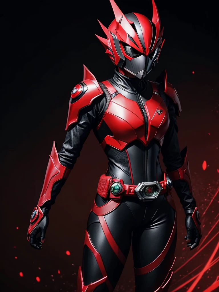 1 female. Kamen rider. Dragon styled kamen rider. Red and black female kamen rider suit. Dragon styled full face kamen rider helmet. No face exposed. No hair exposed. Kamen rider belt. Standing pose. Red light background.