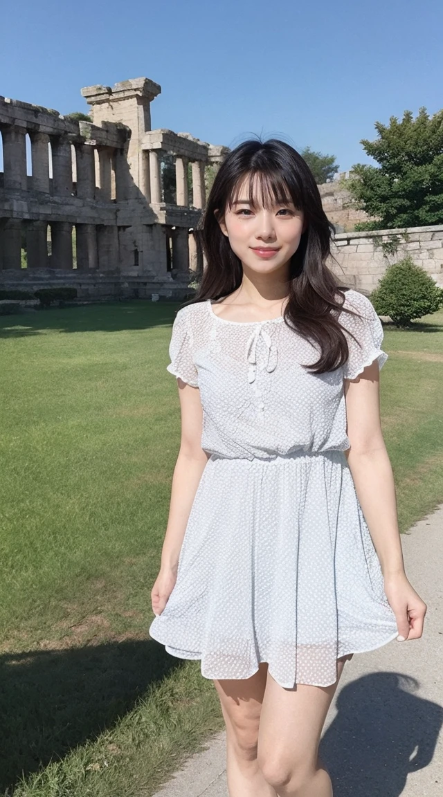 become close,Sharp lines,Highest quality, masterpiece、Overnight parking、Dark Light、Canon Photo Crystal Clear ,(Realistically:1.2), (Colorful polka dot mini skirt dress)、Action pose、Take a full body photo、smile、Gorgeous appearance、Semi-long layer cut、ancient ruins