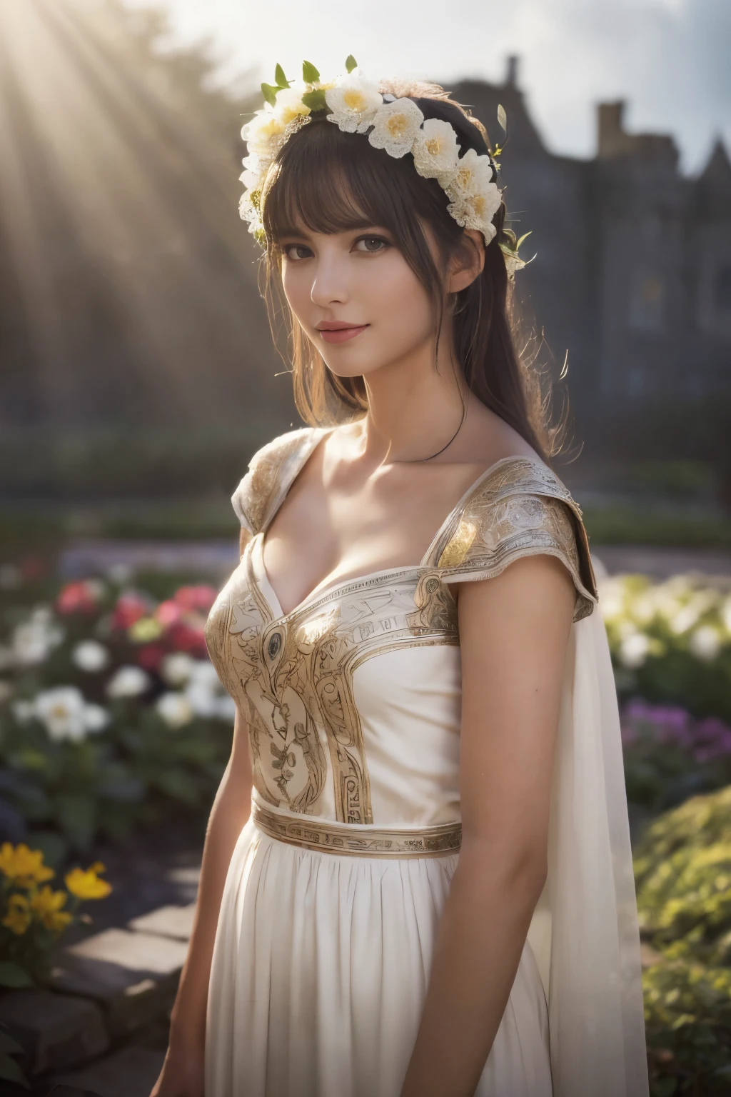((table top:1.4, highest quality)), (realistic pictures:1.4),
((1 girl)), (An unearthly beauty), (dream-like),
(超High resolution:1.2), very delicate and beautiful, wonderful, Highly detailed CG Unity 8K wallpaper, Super detailed, High resolution,
soft light, beautiful detailed girl, highly detailed eyes and face, beautifully detailed nose, beautiful and detailed eyes,
(Dressed in ancient Greek maiden costume:1.3),
cinematic lighting, perfect anatomy, slender body, (parted bangs),
(In the gardens of a Scottish castle:1.3), (Overcast dark background:1.3), (thick fog:1.3), (A ray of light shines on the flower garden in the garden:1.3), (outdoor), (contrast of light and dark),
cowboy shot, looking at the viewer, archaic smile, (fantastic beauty)