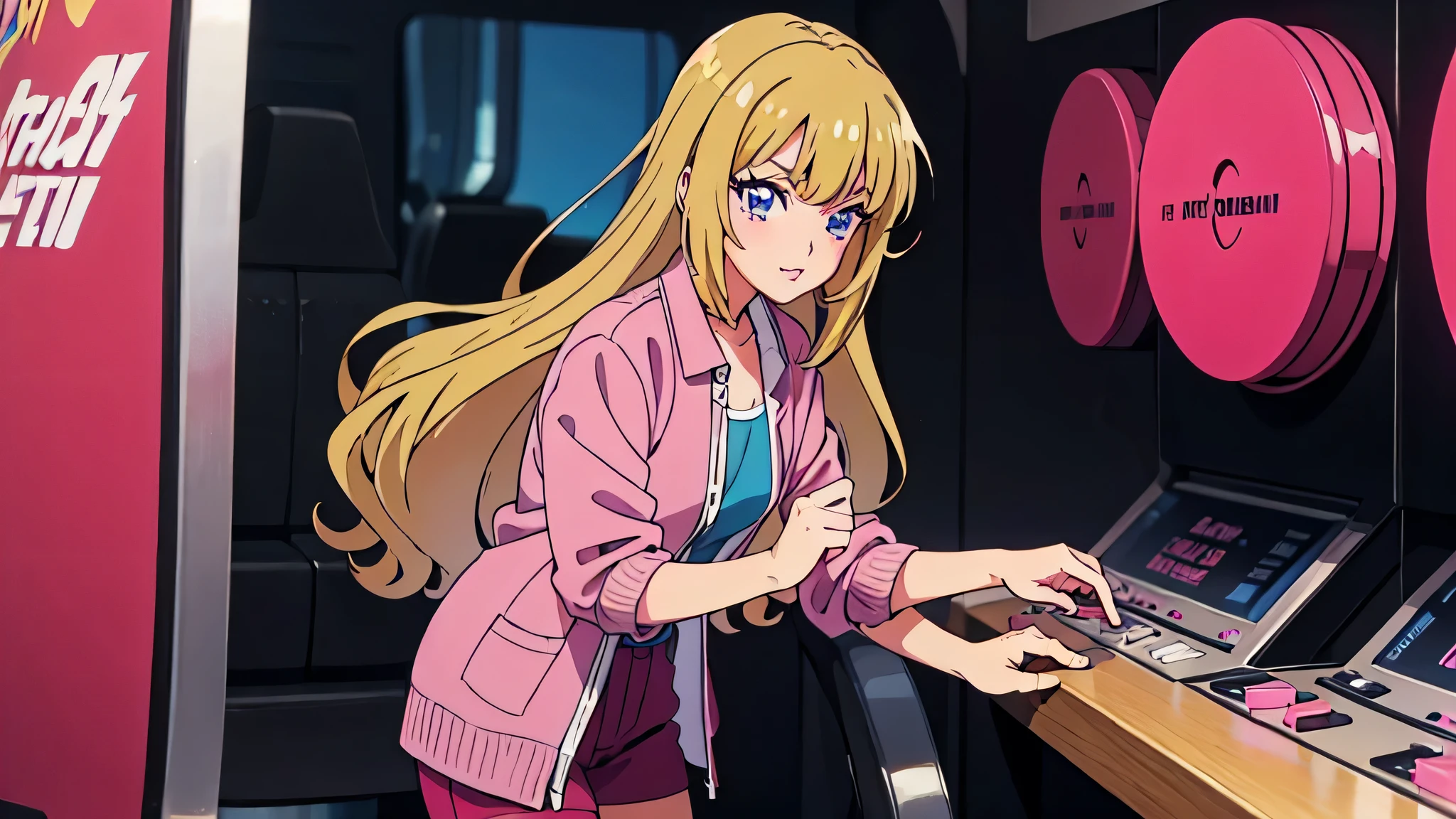 (Blonde Barbie:1.2),(Pink outfit:1.1),(90s Vintage:1.1),(Romance Anime Style:1.3), alone、Arcade、 Pink Cardigan, Black Hair, Lip gloss, cigarette、90s fashion、
