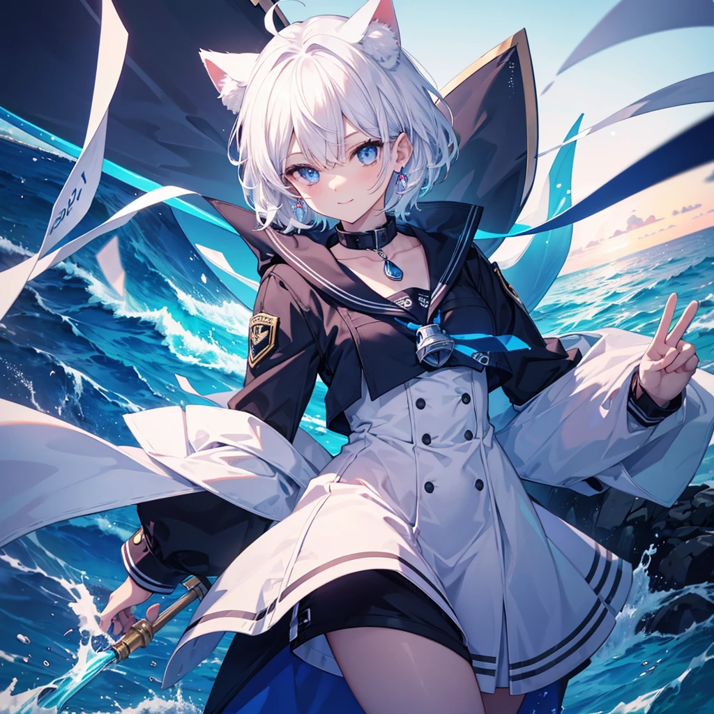 White Hair blue eyes short hair Have student Cat ear nice Blue Earrings necklace gloves beauty thin Sailor suit Put on a black coat Fantasy smile coastal sunset Fluffy hair