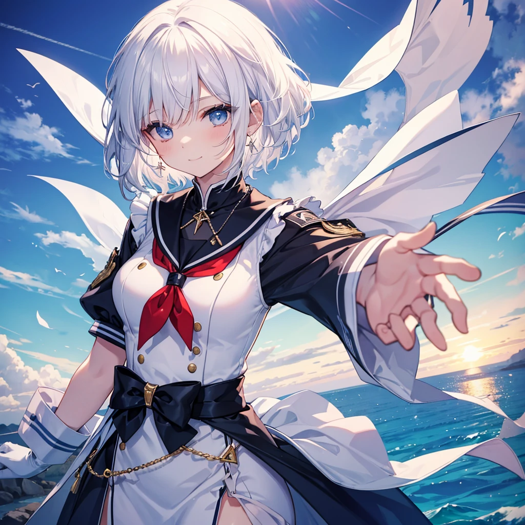White Hair blue eyes short hair Have student Cat ear nice Blue Earrings necklace gloves beauty thin Sailor suit Put on a black coat Fantasy smile coastal sunset Fluffy hair