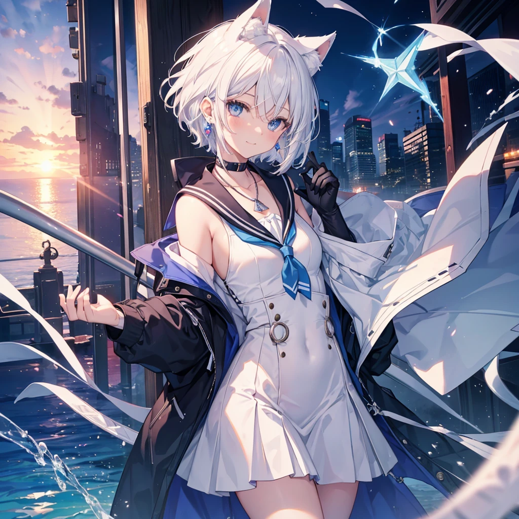 White Hair　blue eyes　short hair　Have　student　Cat ear　nice　Blue Earrings　necklace　gloves　beauty　thin　Sailor suit　Put on a black coat　Fantasy　smile　coastal　sunset　Fluffy hair