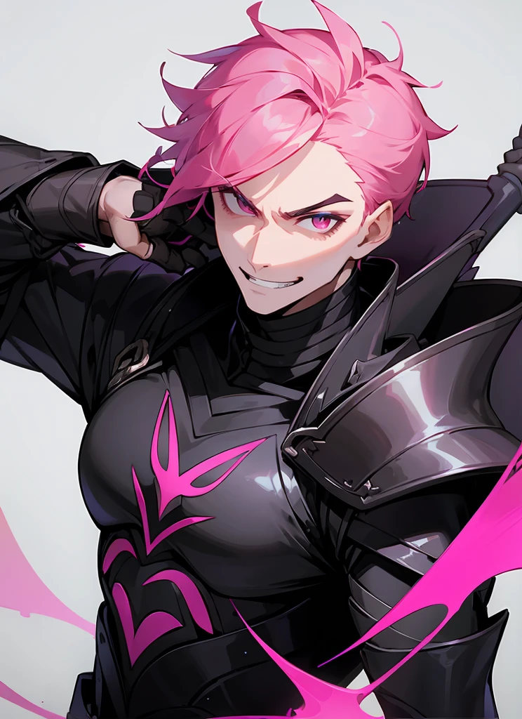 1 , handsome fashion hair,black hair highlight pink hair, fanstasy, smile face, male ,fantasy, reaper, hunter with blackshortsword, villian face, short hair black armor , darkness wolrd,