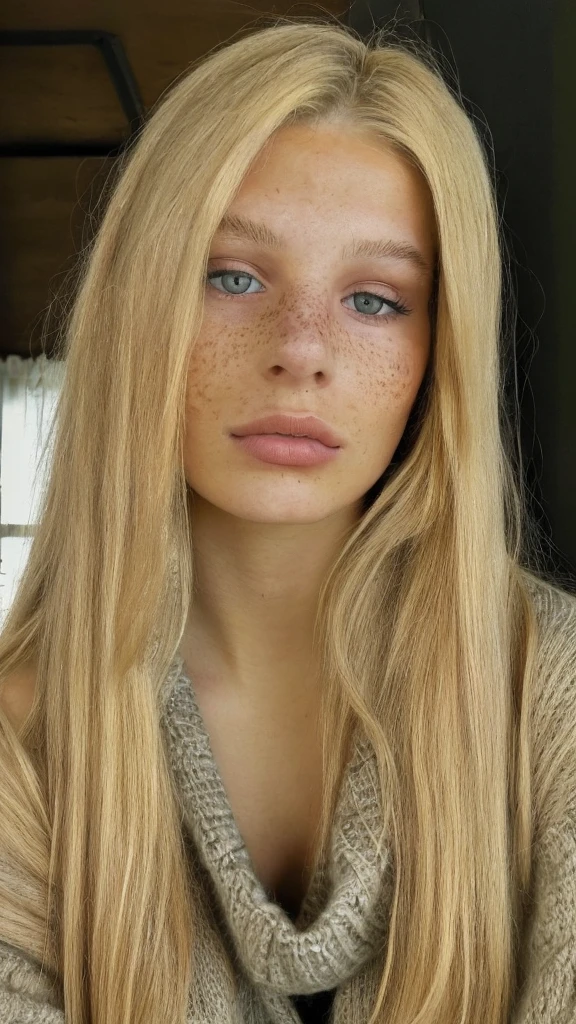 raw photo, (18yo Blonde girl:1.2), makeup, graphic eyeliner, realistic skin texture, oversize knit sweater, (red:0.8), softcore, warm lighting, cosy atmosphere, instagram style, Freckles, 4k