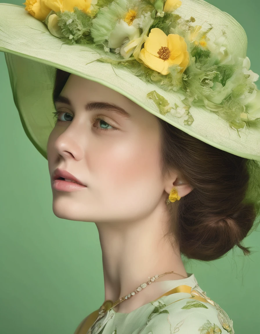The image portrays a young woman in profile, exuding a serene and delicate beauty. She wears a pale green, intricately embroidered high-neck dress, complementing her elegant appearance. Her hair is styled in soft, loose curls, adorned with a wide-brimmed hat decorated with an array of yellow and green flowers, giving her a fresh and spring-like look. The background is a matching green, creating a harmonious and soothing composition.