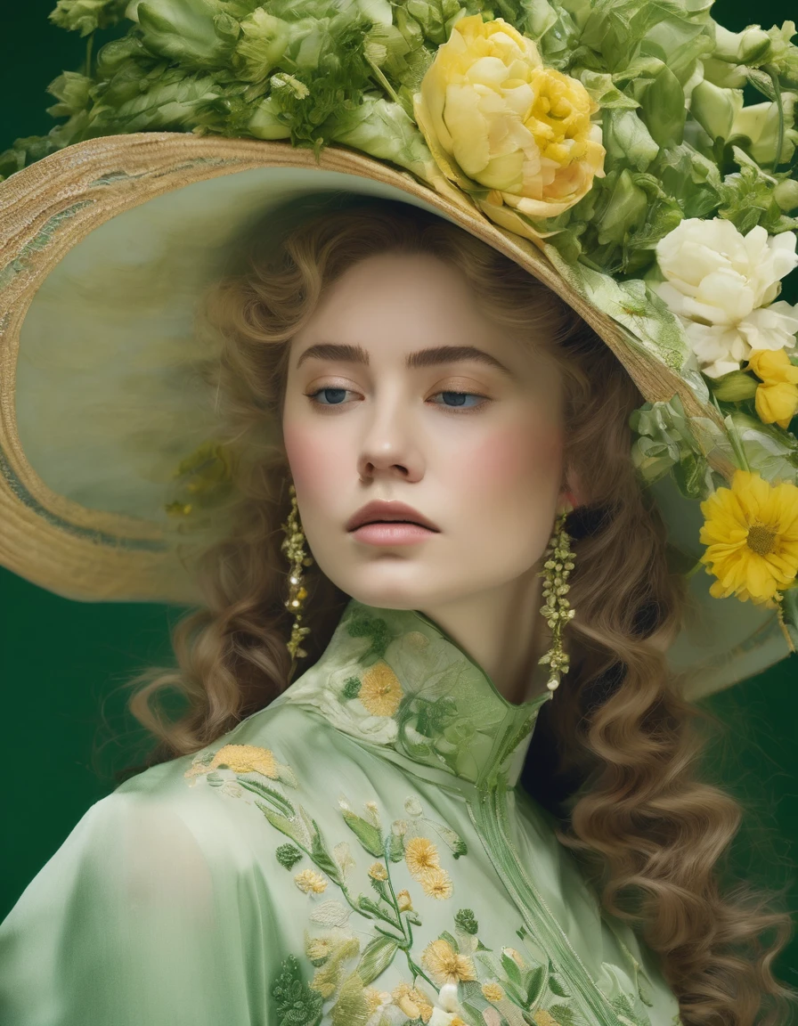 The image portrays a young woman in profile, exuding a serene and delicate beauty. She wears a pale green, intricately embroidered high-neck dress, complementing her elegant appearance. Her hair is styled in soft, loose curls, adorned with a wide-brimmed hat decorated with an array of yellow and green flowers, giving her a fresh and spring-like look. The background is a matching green, creating a harmonious and soothing composition.