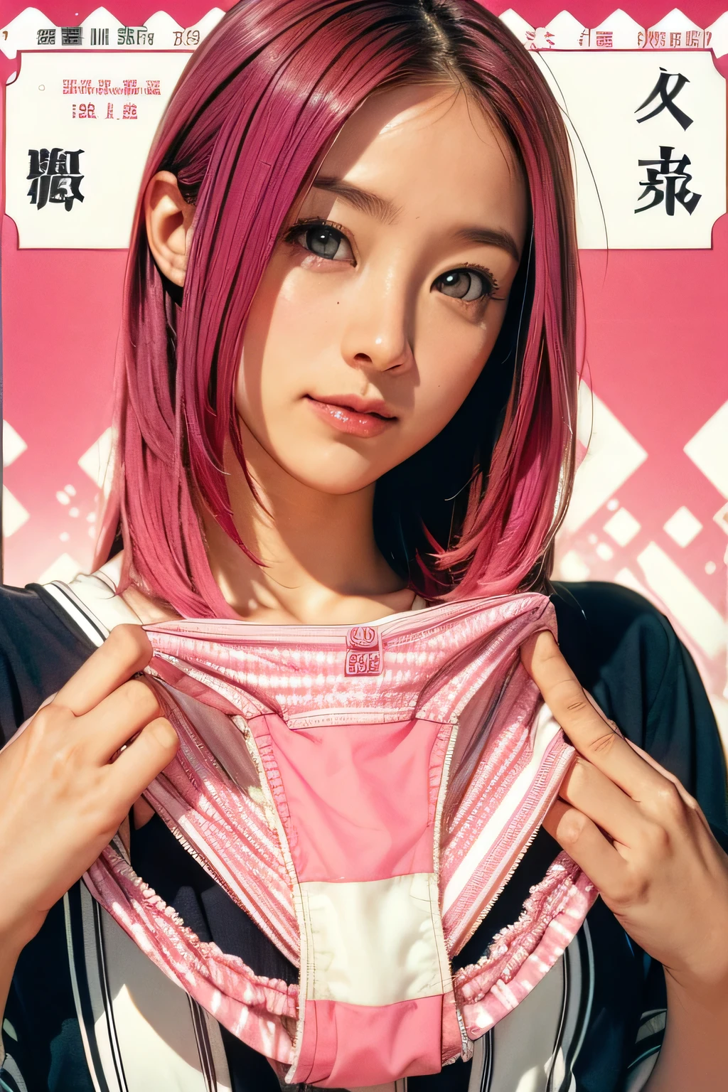 Very large stripes々Patterned panties、Pink Hair、Face is close、Close face、Panties in front、Showing panties、Very big panties、Pretty big panties