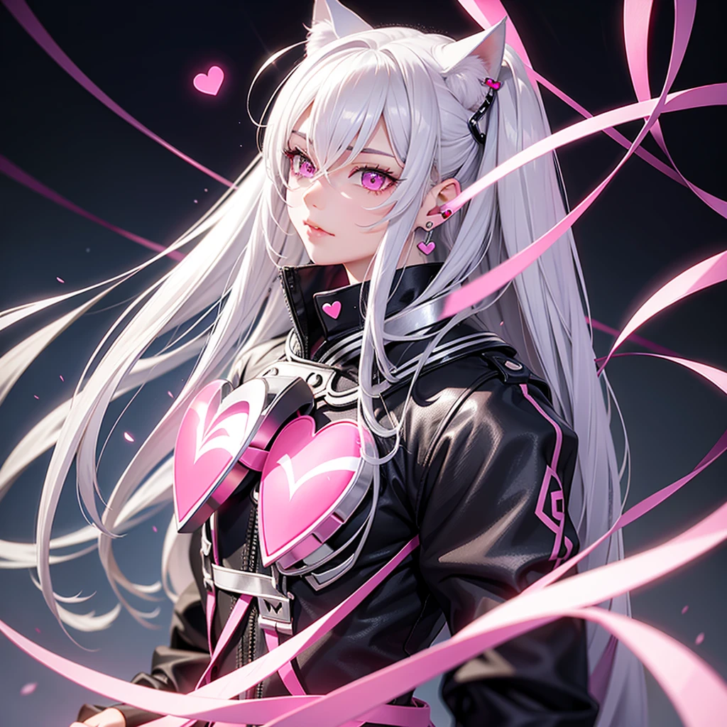 Silver hair, pink eyes, body, cat ears, sexy girl, earrings, heart background, uniform