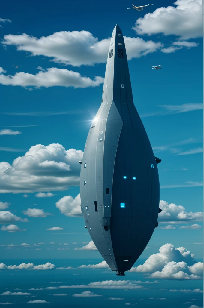 Create a futuristic airship inspired by the Avengers movie warship, flying high above the clouds with sleek, advanced technology, large propellers, and a majestic, imposing design, masterpiece , complete image of warship