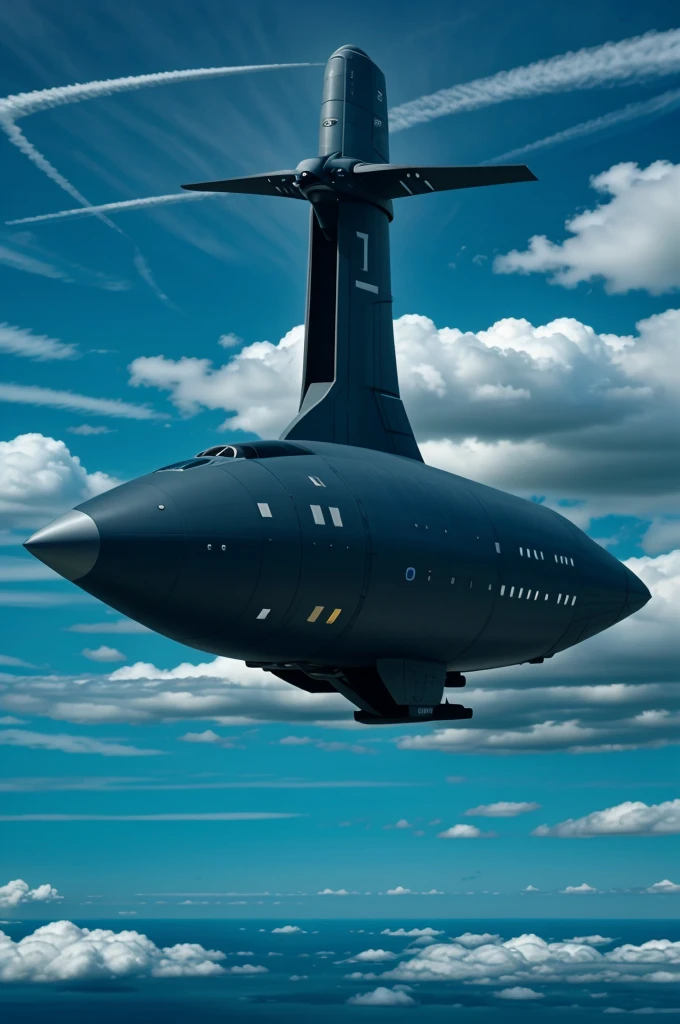 Create a futuristic airship inspired by the Avengers movie warship, flying high above the clouds with sleek, advanced technology, large propellers, and a majestic, imposing design, masterpiece , complete image of warship