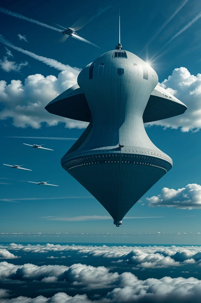 Create a futuristic airship inspired by the Avengers movie warship, flying high above the clouds with sleek, advanced technology, large propellers, and a majestic, imposing design, masterpiece , complete image of warship