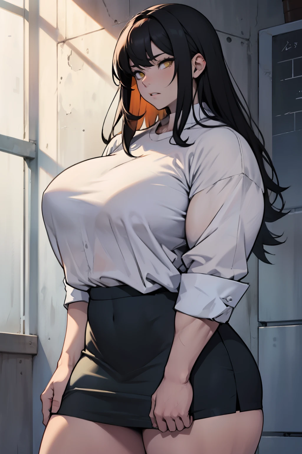 huge muscles huge breasts huge thighs pale skin black hair yellow eyes very long hair muscular girl sad expressionless plated skirt over-sized shirt