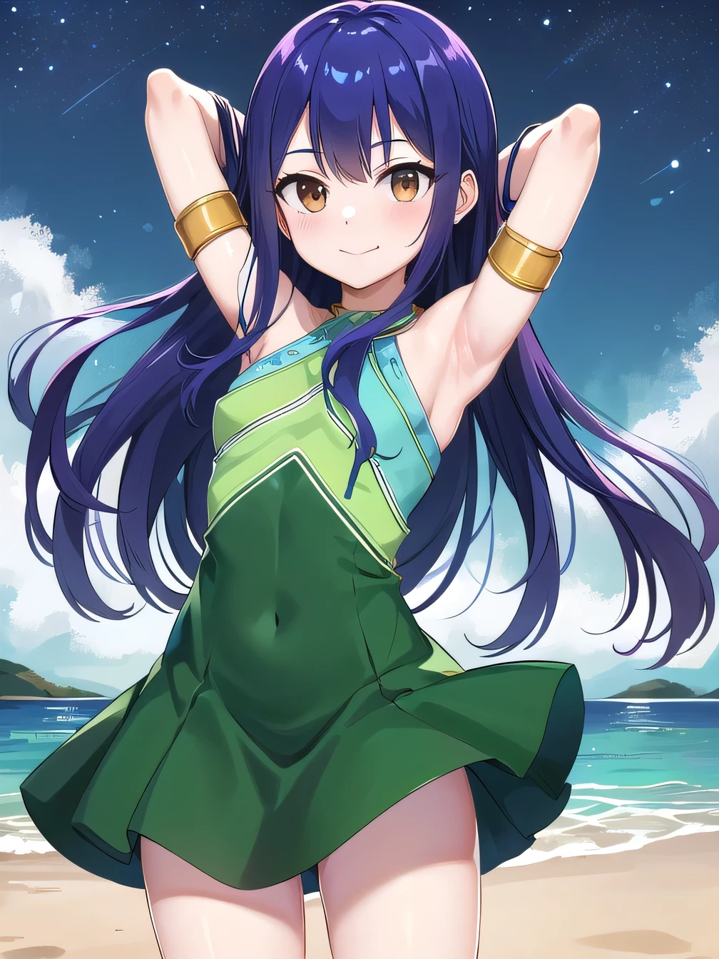 aawendy, masterpiece, best quality, highres, long hair, bare shoulders, green dress, sleeveless dress, armlet, bracelet, looking at viewer, solo, contrapposto, spread armpit, arms behind head, smile, looking at viewer, (cowboy shot:1.5), closed mouth, night sky, beach, high quality,