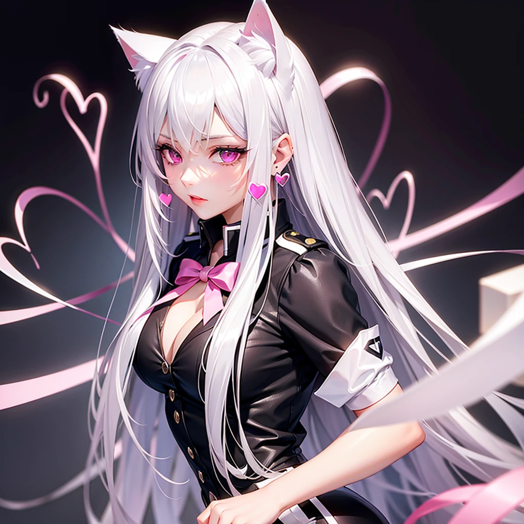 Silver hair, pink eyes, body, cat ears, sexy girl, earrings, heart background, uniform 