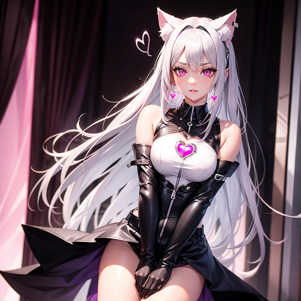 Silver hair, pink eyes, body, cat ears, sexy girl, earrings, heart background, uniform