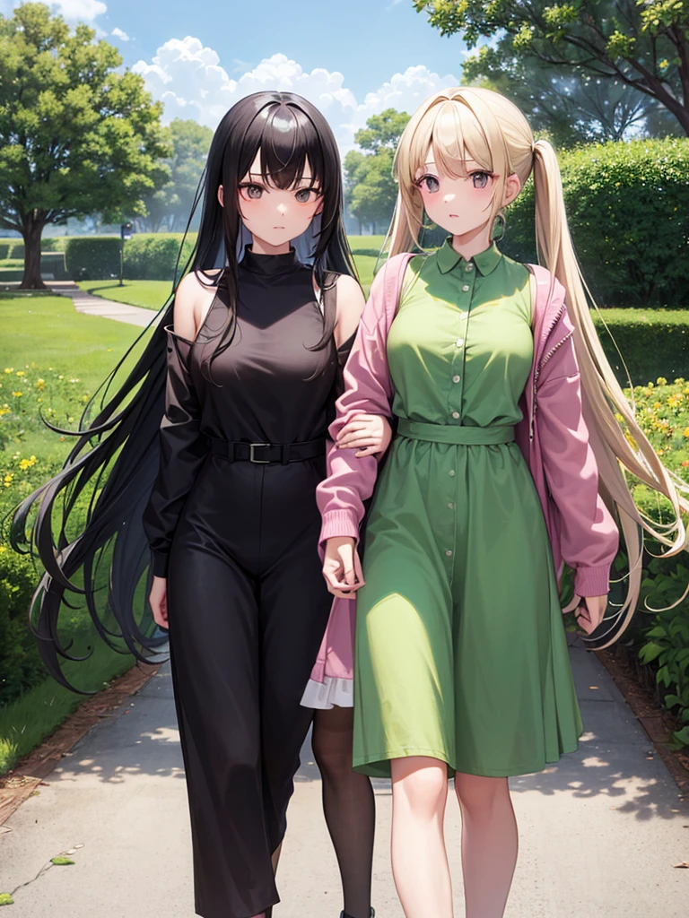 Two adult girls walking together, One wears two blonde pigtails falling over her shoulders and a pink jumpsuit-type dress while the other wears a long-sleeved green dress., He has black eyes and black hair, long, loose hair without any ties, Her hair reaches her waist and she has straight bangs., loose hair with bangs, in a park, staring, the girl with black hair has it long and loose, she is taller than the blonde girl