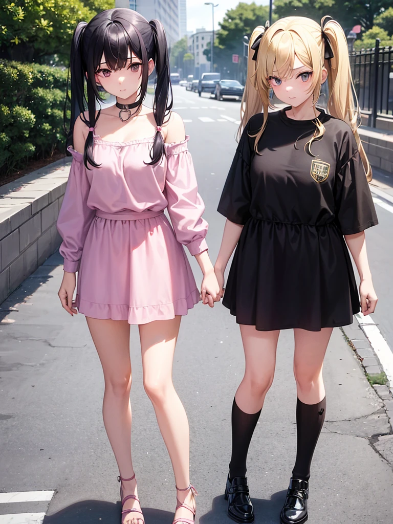 Two adult girls walking together, One wears two blonde pigtails falling over her shoulders and a pink jumpsuit-type dress while the other wears a long-sleeved green dress., He has black eyes and black hair, long, loose hair without any ties, Her hair reaches her waist and she has straight bangs., loose hair with bangs, in a park, staring, the girl with black hair has it long and loose, she is taller than the blonde girl