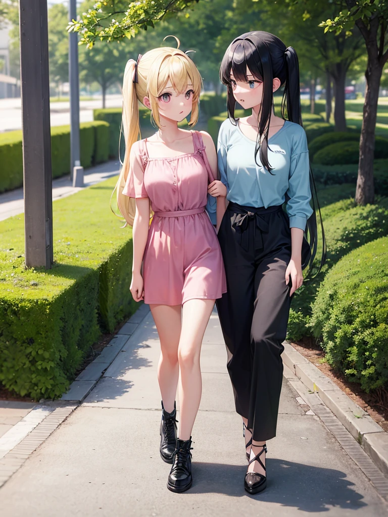 Two adult girls walking together, One wears two blonde pigtails falling over her shoulders and a pink jumpsuit-type dress while the other wears a long-sleeved green dress., He has black eyes and black hair, long, loose hair without any ties, Her hair reaches her waist and she has straight bangs., loose hair with bangs, in a park, staring, the girl with black hair has it long and loose, she is taller than the blonde girl