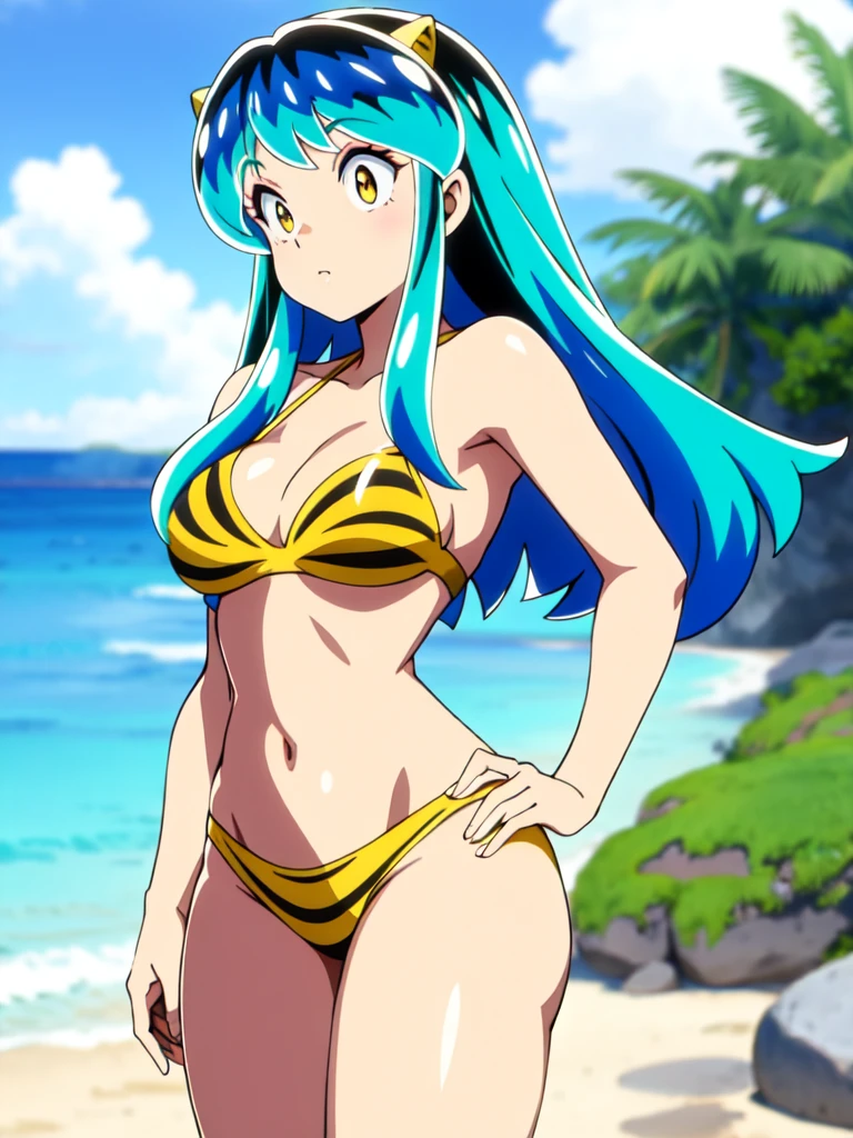lum, bikini,(behind, lean forward, on the beach)
