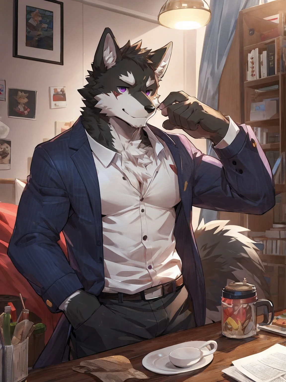 embedding:black wolf, male,purple eyes,Scar on the face, scar on the body,Single person，The fur on the chest and abdomen is white.Inside the apartment,Elder brother.Modern apartment, clean and tidy.casual Shirt，Casual pants,Formal, everyday,A mild expression,Maturity,The highest quality of scene detail,adult,Tall and powerful,muscle，Best quality hands, best quality eye，detailed fur，Delicate eyes.Extreme picture quality，by sollyz,by zixiong,by milkytiger1145