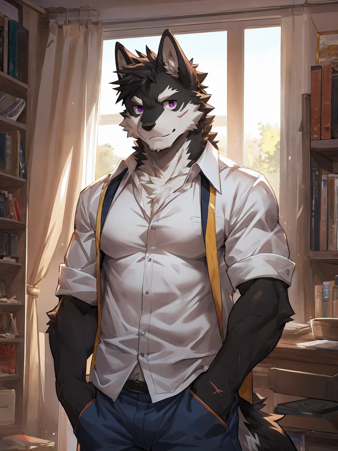 embedding:black wolf, male,purple eyes,Scar on the face, scar on the body,Single person,The fur on the chest and abdomen is white.Inside the apartment,Elder brother.Modern apartment, clean and tidy.casual Shirt,Casual pants,Formal, everyday,A mild expression,Maturity,The highest quality of scene detail,adult,Tall and powerful,muscle,Best quality hands, best quality eye,detailed fur,Delicate eyes.Extreme picture quality,by sollyz,by zixiong,by milkytiger1145