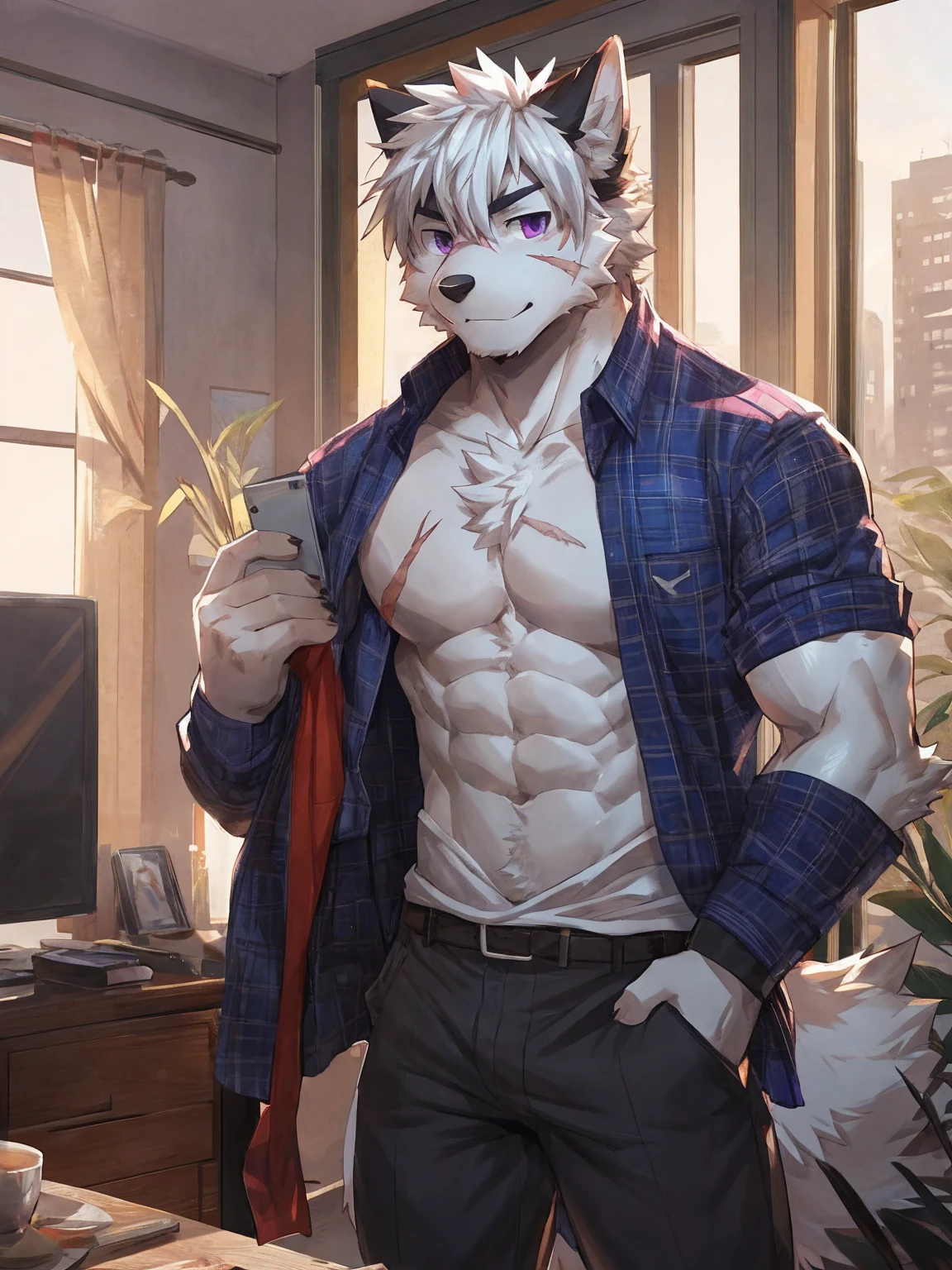 embedding:black wolf, male,purple eyes,Scar on the face, scar on the body,Single person,The fur on the chest and abdomen is white.Inside the apartment,Elder brother.Modern apartment, clean and tidy.casual Shirt,Casual pants,Formal, everyday,A mild expression,Maturity,The highest quality of scene detail,adult,Tall and powerful,muscle,Best quality hands, best quality eye,detailed fur,Delicate eyes.Extreme picture quality,by sollyz,by zixiong,by milkytiger1145