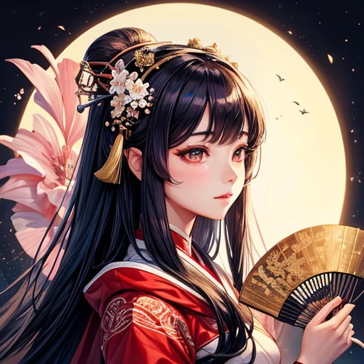 Holding a fan、Arabian woman with flowers in her hair, Exquisite digital illustrations, Beautiful artwork illustration, Amazing digital illustrations, Beautiful digital art, Inspired by Yoon Doo-seo, In the style of digital illustration, Empress of China, Portrait of a Geisha, Beautiful Fantasy Empress, Beautiful digital illustrations, 美しいPortrait of a Geisha, Portrait of a Geisha