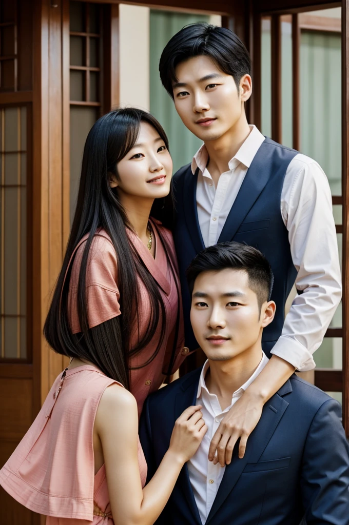Oriental Korean type. man with woman's curves. shy. Light blue eyes and short dark brown wavy hair. pale skin, full lips