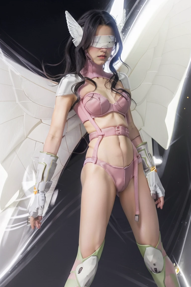 best quality, intricate details,
1girl,  Angewomon, winged helmet, helmet over eyes, helmet on, covered eyes,white multiple wings, white wings, pink hagoromo, single glove, strapless,white bodysuit, gold strapless bra, black belt, two belts, collabrone, bare shoulders, small breast, flashing tits, flashing pussy, skinny body, nude, naked body, full body, flasing tits, showing , nude, naked, showing pussy