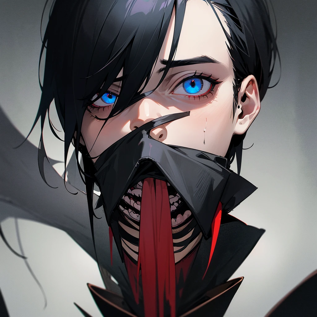Develop a character with an extremely disturbing and sinister appearance. He has ragged, black hair that hangs wildly around his face.. His eyes are covered by a dark, opaque blindfold., preventing any view of their expressions or feelings. Your mouth is sewn together with thick, jagged threads, leaving only small openings to breathe.