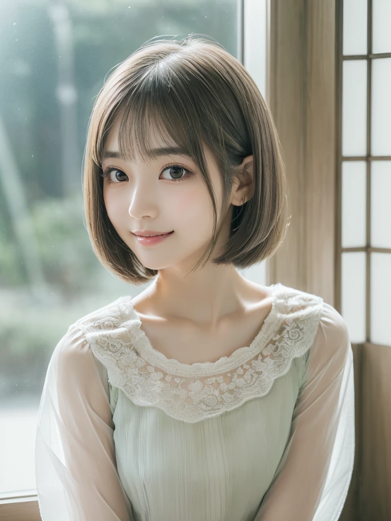 super highest quality, face focus, soft light, ultra high resolution, (realistic:1.4), RAW photo,
1 Japanese girl, alone, cute, (pupil, There&#39;There&#39;There&#39;s a light in my eyes),  (detailed beautiful face:1.3)  ((High resolution details of human skin texture:1.3) Beautiful glossy fair skin　　Beautiful three-dimensional effect　
indoor,
Damask Shirt Dress, (Beautiful straight bob hair down to the tips:1.3)  elegant and neat　　intelligent and stylish
(portrait)  High definition focus on pupil　diffused light from window　beautiful gradation　gentle smile　(beautiful gradation:1.3)  gentle smile　