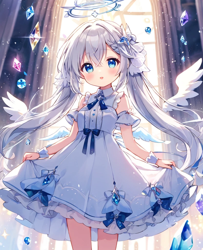 cute , Dress up in fantasy, Delicate decoration、Long twin tail hair, Silver Hair, 4k resolution, 最high quality, In public, masterpiece, Crystal Blue Eyes, Broken Angel Halo, Angel's wing、high quality,