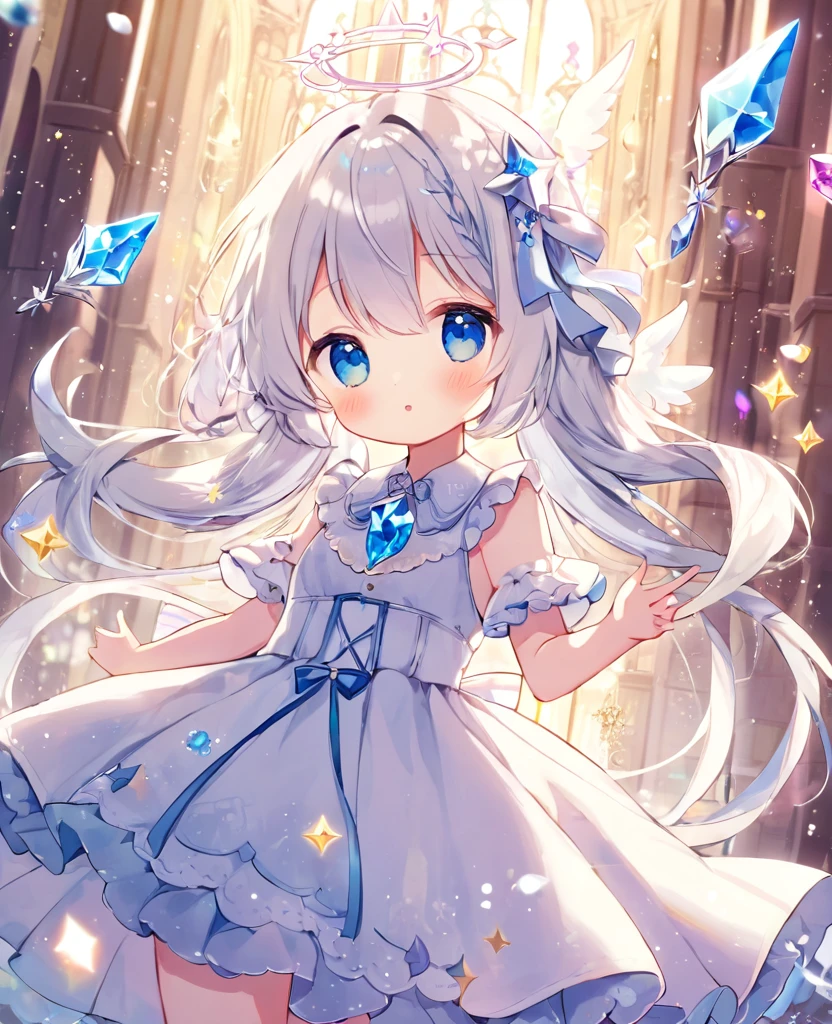 cute , Dress up in fantasy, Delicate decoration、Long twin tail hair, Silver Hair, 4k resolution, 最high quality, In public, masterpiece, Crystal Blue Eyes, Broken Angel Halo, Angel&#39;s wing、high quality, 