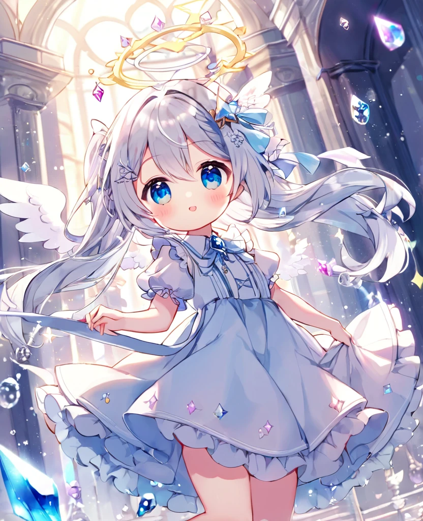 cute , Dress up in fantasy, Delicate decoration、Long twin tail hair, Silver Hair, 4k resolution, 最high quality, In public, masterpiece, Crystal Blue Eyes, Broken Angel Halo, Angel's wing、high quality,