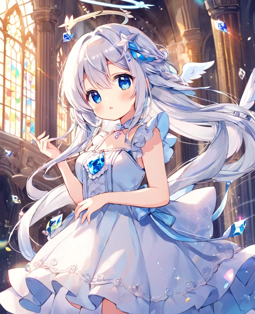 cute , Dress up in fantasy, Delicate decoration、Long twin tail hair, Silver Hair, 4k resolution, 最high quality, In public, masterpiece, Crystal Blue Eyes, Broken Angel Halo, Angel&#39;s wing、high quality, 