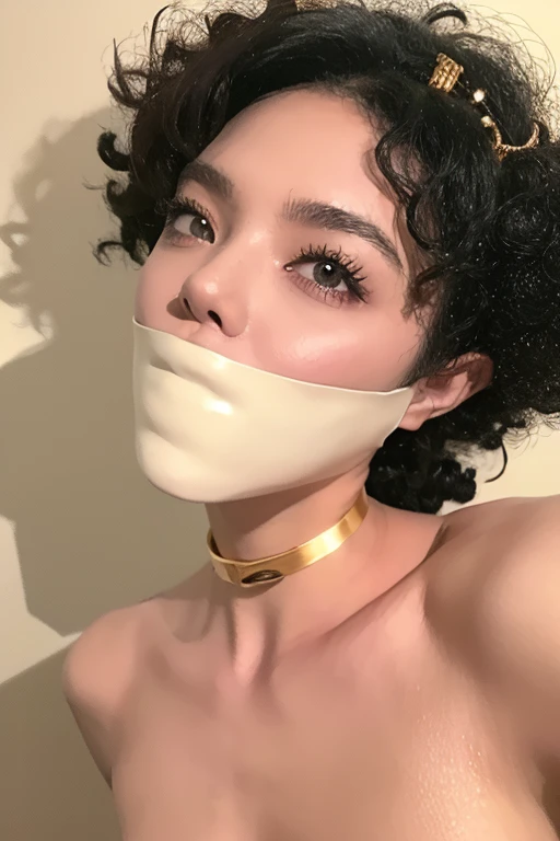 Girl naked in gold body jewelry, Highly Detailed Face and Skin Texture, ((white skin)) big green eyes, slim face, juicy lips, bimbo lips, big puffy breast, breastplates ((afro curly Black hair)), pale skin, Detailed Eyes, Double Eyelids, cyberpunk gold metal jewelry BDSM, gold metal cyberpunk tapes on body, metal Collar, metal gold futuristic tiny Panties t-strings, metal Tiny panties, metal stickini, metal cupless bra, metal clothes, gold body jewelry, wet skin, she is naked. White skin, she is on the futuristic cyberpunk white and Black room in the spacecraft. Ring in the nose.
