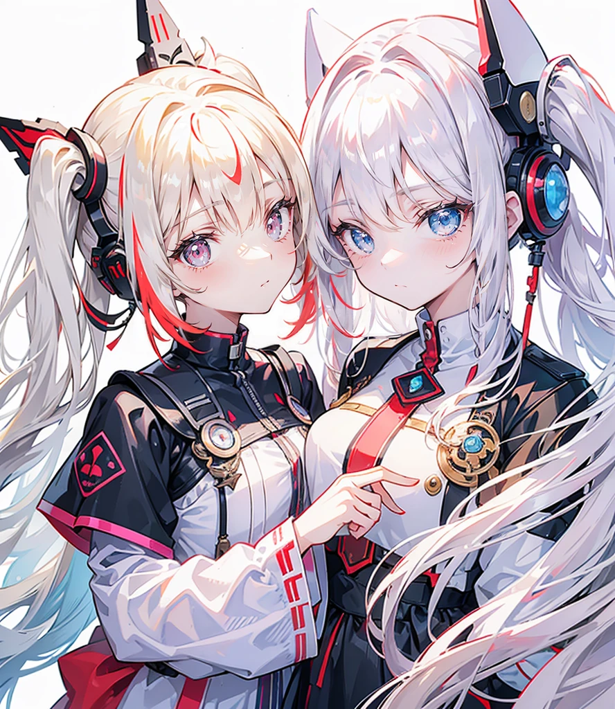 Two girls, one with beige hair and very red eyes, the other with white hair and blue eyes, twin tails, long hair, white background, colorful gemstones, light, high quality, mecha musume, Colorful portraits 