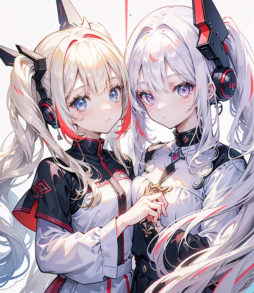 Two girls, one with beige hair and very red eyes, the other with white hair and blue eyes, twin tails, long hair, white background, colorful gemstones, light, high quality, mecha musume, Colorful portraits