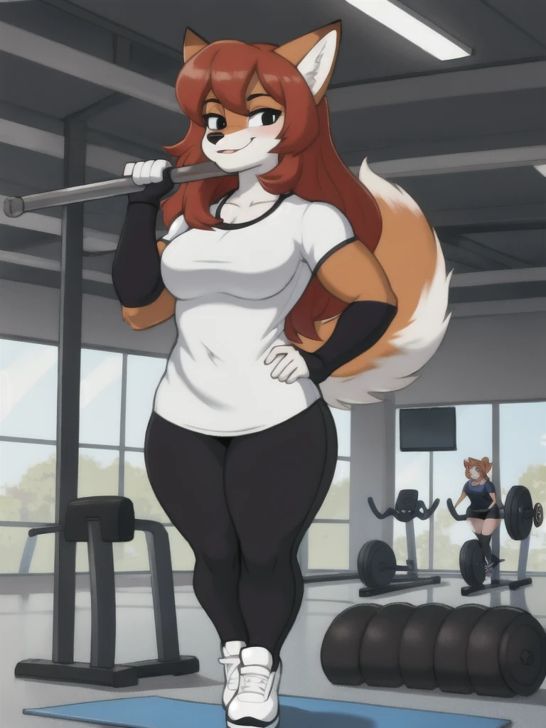 Furry, fox, female, white shirt, black leggings, shoes, gym, , full body