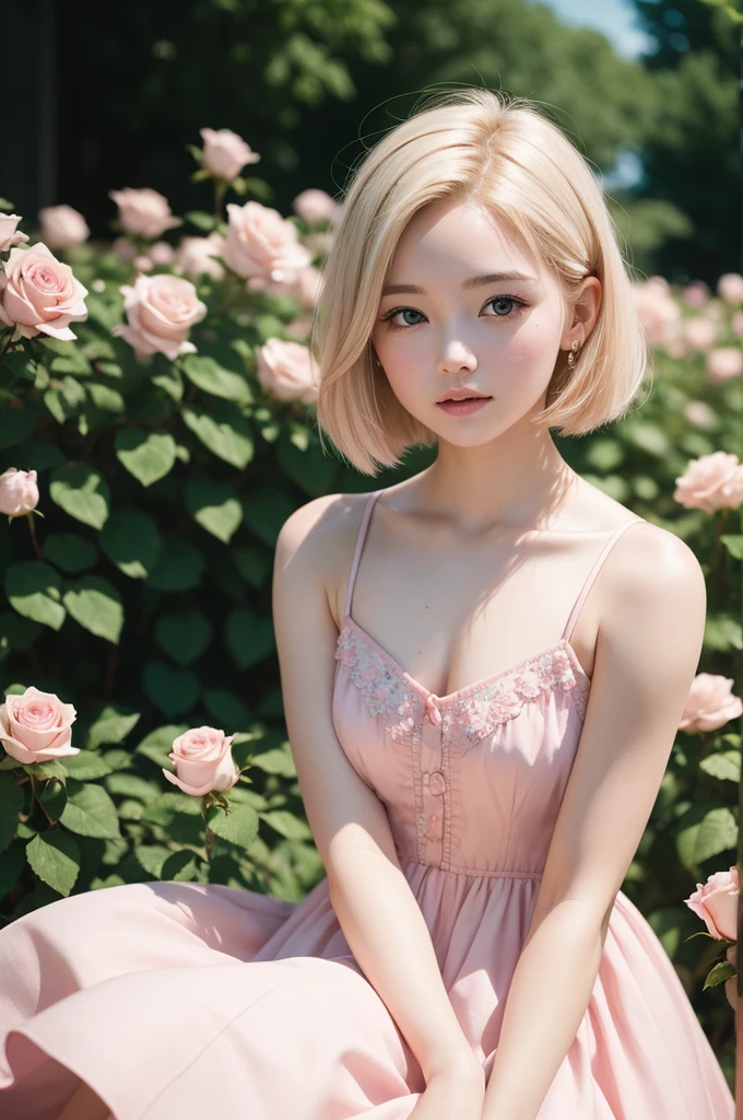 8K, CRU photo, Fujifilm, style photo of a beautiful young woman like Avril in a light pink rose garden (highly detailed skin: 1.2) Style-Petal BREAK short hair, blonde hair with colored highlights, wearing a dress, film grain, 35mm, cute style