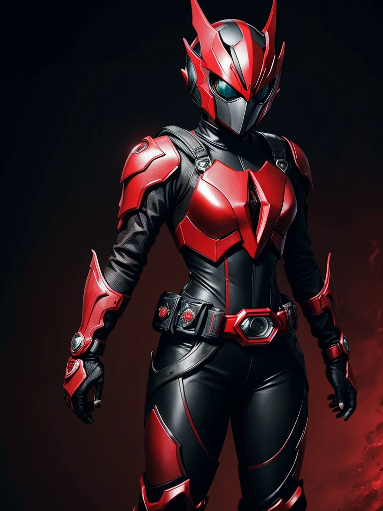 1 female. Kamen rider. Dragon styled kamen rider. Red and black female kamen rider suit. Dragon styled full face kamen rider helmet. No face exposed. No hair exposed. Kamen rider belt. Standing pose. Red light background.