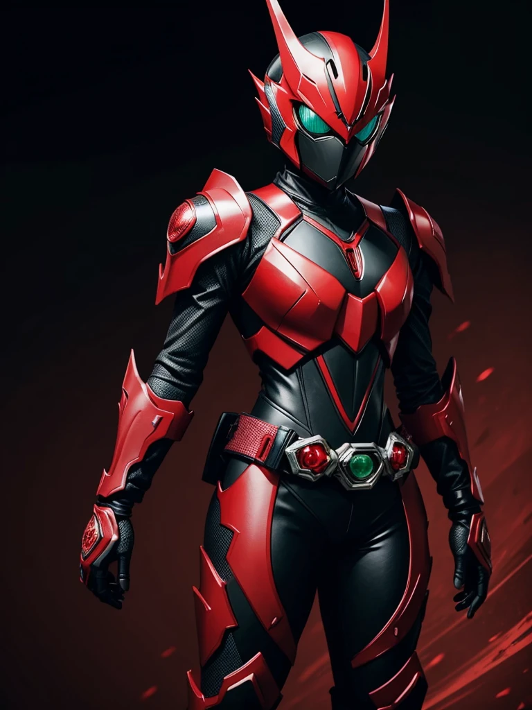 1 female. Kamen rider. Dragon styled kamen rider. Red and black female kamen rider suit. Dragon styled full face kamen rider helmet. No face exposed. No hair exposed. Kamen rider belt. Standing pose. Red light background.