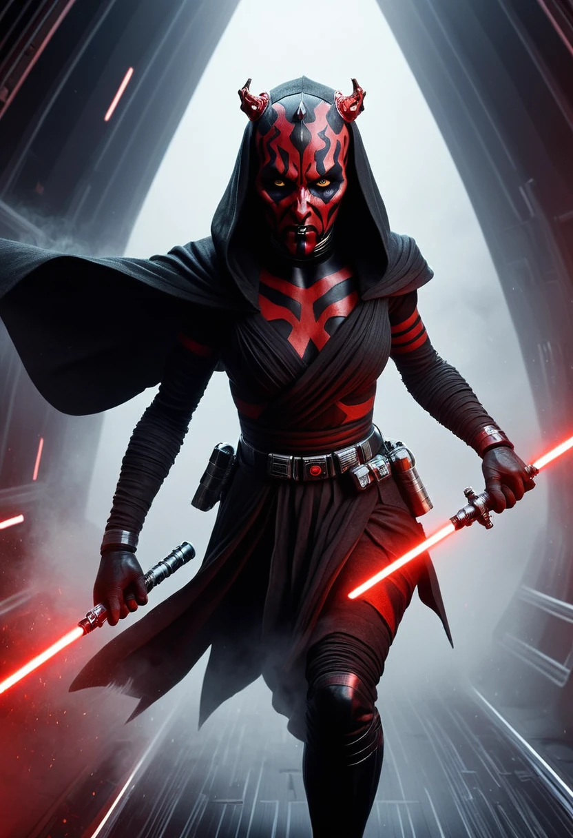 a Star Wars character, a Sith, Hyper detailed portrait of Zabrak woman Darth Maul, incredibly beautiful and dangerous, with Sith lightsaber in hand, runs along the deck of a spaceship, epic emotions and movements, galaxy fog, Perfect Composition, aesthetic, scandalous pose, full body, hyper realism, 5D Dimension, unreal engine, galaxy, 3d octane rendering, CGI, dark fantasy, by Zack Snyder
