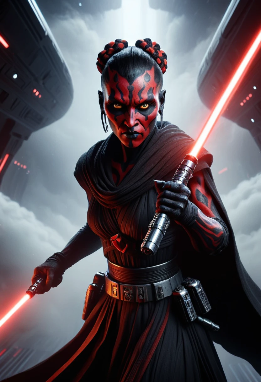 a Star Wars character, a Sith, Hyper detailed portrait of Zabrak woman Darth Maul, incredibly beautiful and dangerous, with Sith lightsaber in hand, runs along the deck of a spaceship, epic emotions and movements, galaxy fog, Perfect Composition, aesthetic, scandalous pose, full body, hyper realism, 5D Dimension, unreal engine, galaxy, 3d octane rendering, CGI, dark fantasy, by Zack Snyder