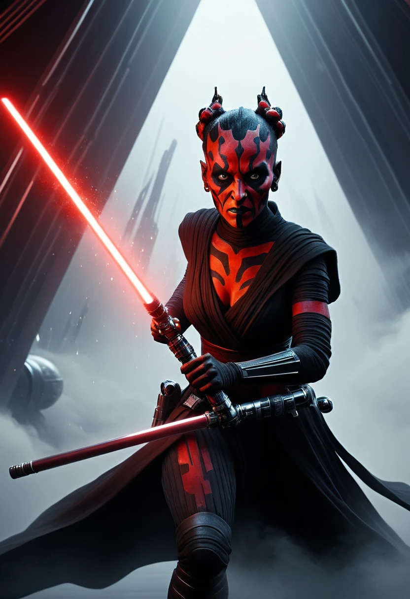 a Star Wars character, a Sith, Hyper detailed portrait of Zabrak woman Darth Maul, incredibly beautiful and dangerous, with Sith lightsaber in hand, runs along the deck of a spaceship, epic emotions and movements, galaxy fog, Perfect Composition, aesthetic, scandalous pose, full body, hyper realism, 5D Dimension, unreal engine, galaxy, 3d octane rendering, CGI, dark fantasy, by Zack Snyder