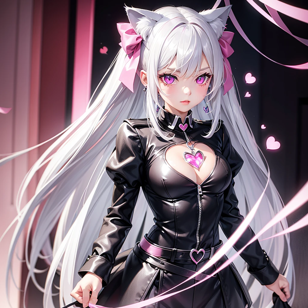 Silver hair, pink eyes, body, cat ears, sexy girl, earrings, heart background fantasy, uniform, hair bow