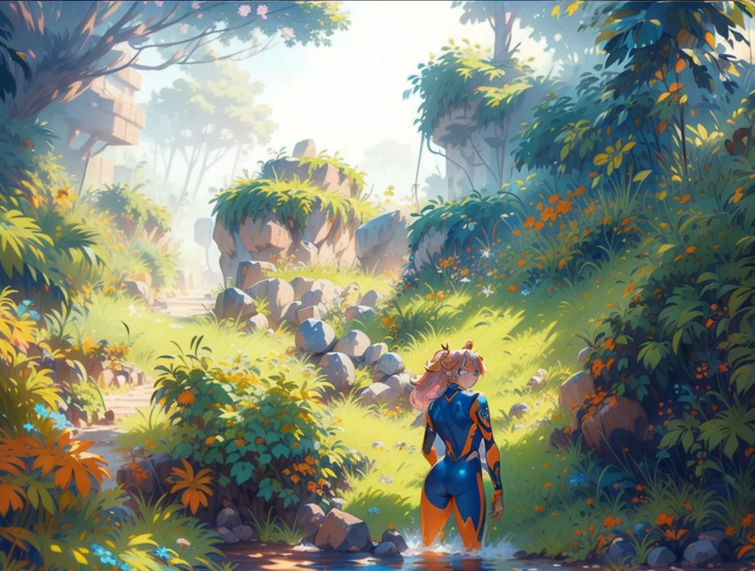 ((Best Quality)), ((Masterpiece)), ((Realistic)) tsuka kendou, 1woman, cute face, determined look, smile, long legs, full body, adult mature female (spiky orange-pink hair, (orange-pink mullet 1.1)), (very long hair), blue eyes, (white/yellow pupil,) hero, sleeveless blue spandex bodysuit, long orange-pink rabbit ears, colored concept art, highly detailed character design, highly detailed face,