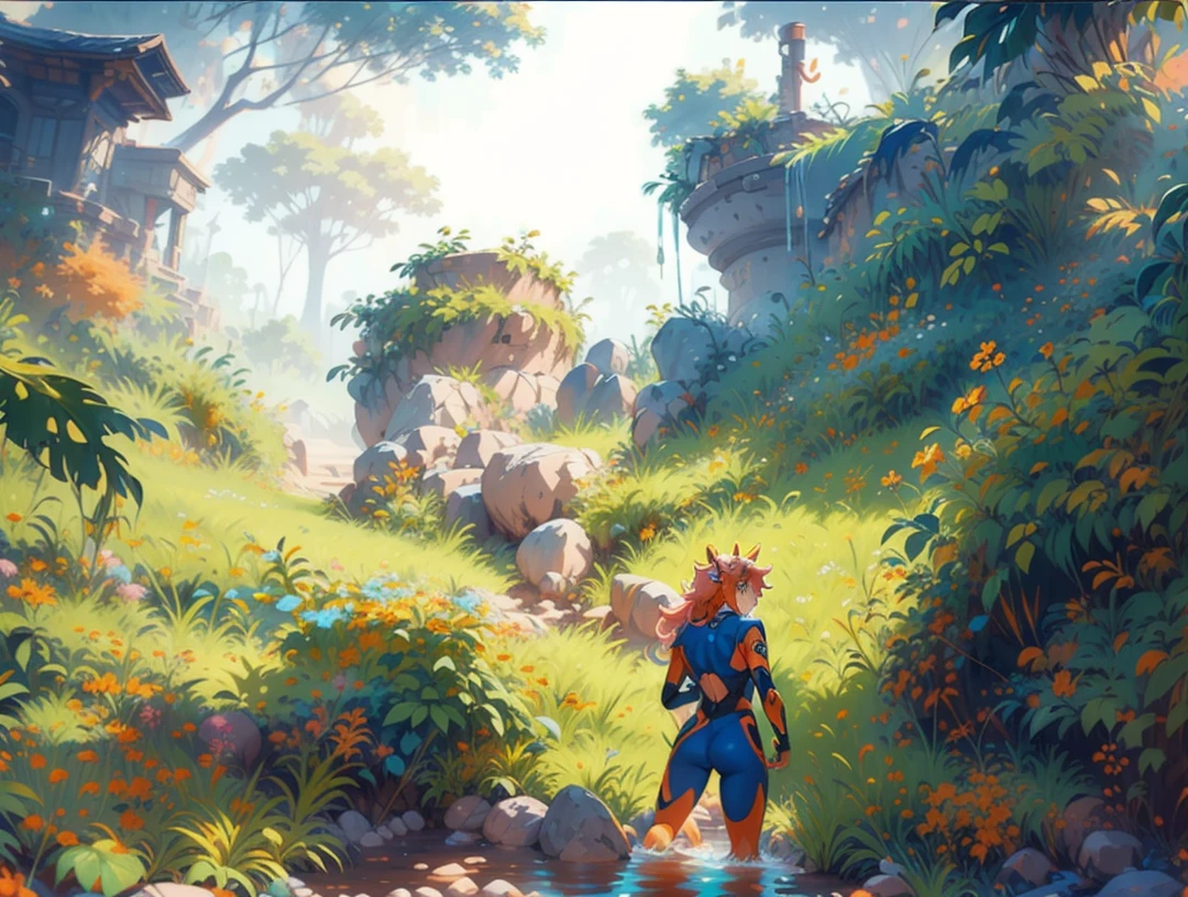 ((Best Quality)), ((Masterpiece)), ((Realistic)) tsuka kendou, 1woman, cute face, determined look, smile, long legs, full body, adult mature female (spiky orange-pink hair, (orange-pink mullet 1.1)), (very long hair), blue eyes, (white/yellow pupil,) hero, sleeveless blue spandex bodysuit, long orange-pink rabbit ears, colored concept art, highly detailed character design, highly detailed face,